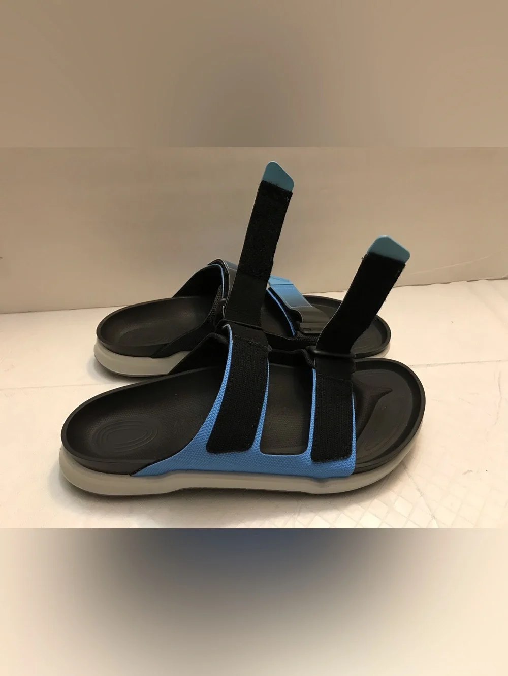 Birkenstock Light Blue and Black Dual-Strap Slides